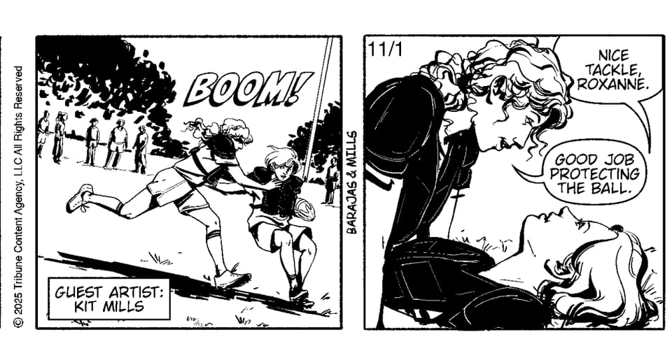 gil thorp comic book art by kit milils. two high school girls playing footbal