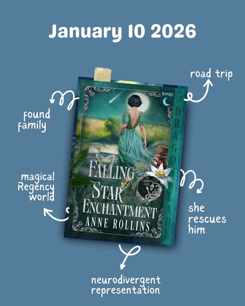 Blue-gray background. At the top, a heading in white reads “January 10, 2026.” In the center is the cover of “Falling Star Enchantment” by author “Anne Rollins.” The cover is dark green and features a woman staring away from the viewer. Around the book are several tropes in smaller white text, reading (clockwise from upper right): “found family,” “road trip,” “she rescues him,” “neurodivergent representation,” and “magical Regency world.”