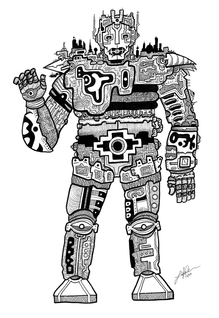 A black and white drawing of a humanoid robot. It is holding up its right hand. Its mouth is open. It looks huge--there are skyscrapers perched on its shoulders. There's a lot of detail in the drawing.