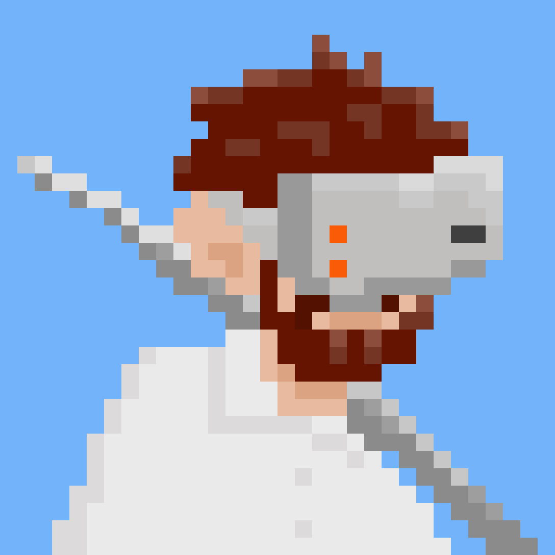 Pixel art animated gif of the author wearing vr goggles with a samurai sword over his shoulder.