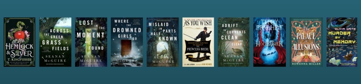 Book covers for the books listed below, set against a teal gradiant background.