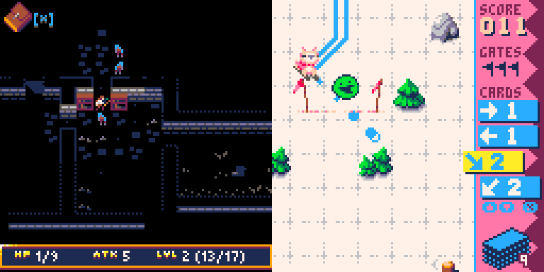 screenshots of a dark and mysterious dungeon crawler, and a bright and jolly skiing simulator