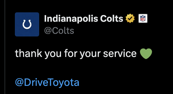 A tweet from the Colts that says "thank you for your service -- new line @DriveToyota"