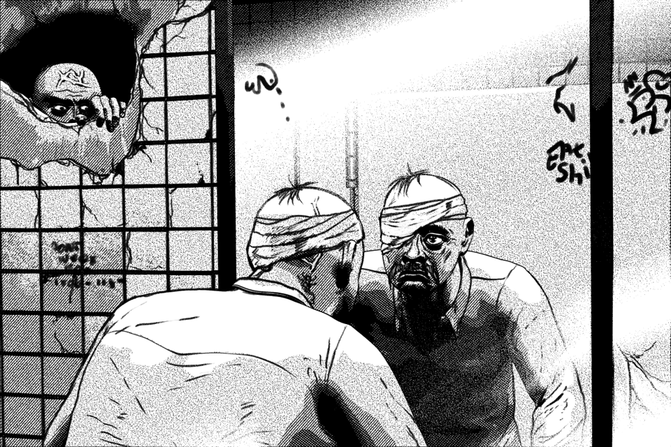 a man looking into a mirror and a creeper watching from a hole