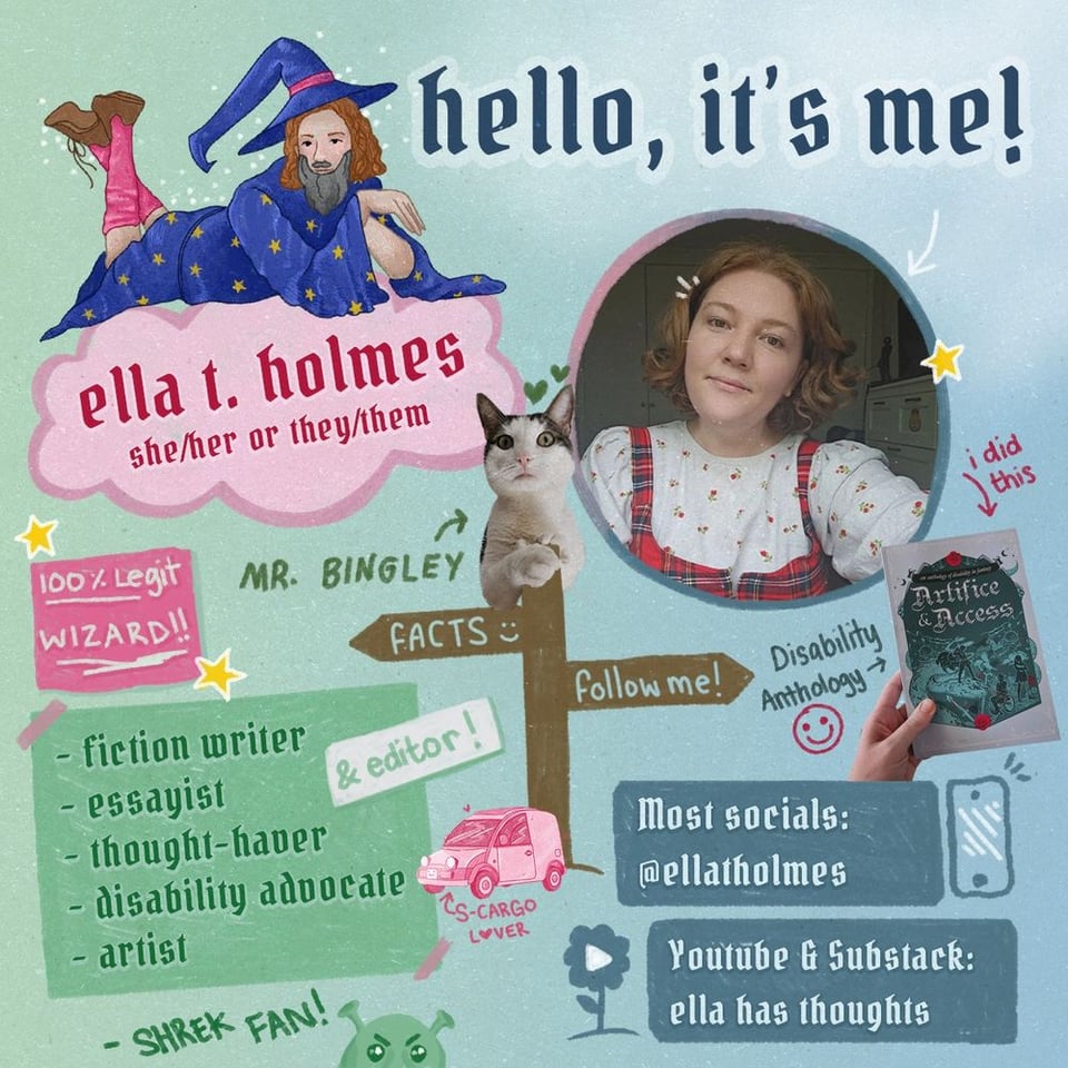 a light green to blue gradient background with a collage of images and photos and text. An illustration of a wizard with bob-length orange hair and blue starry robes with knee-high bright pink socks lays across the top, next to the dark blue large header text that reads "Hello, it's me". In a pink cloud shape is dark text that reads "Ella T. Holmes. She/her or they/them". A brown sign post sits in the middle of the image, pointing left to "Facts" and right to "follow me".  On the left a green box of dark text lists the following: fiction writer, essayist, thought-haver, disability advocate, artist, shrek fan, s-cargo lover. To the right, two dark blue boxes of white text read: On most socials @ellatholmes. YouTube and substack "Ella has thoughts".
