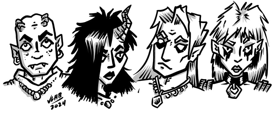 A drawing of four faces, all of them somewhat inhuman (one has a horn, one has blank eyes, etc.)