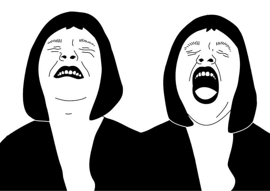Stark black and white illustrations of Marlee, a white woman wearing a black top with a black bob, crying and screaming.