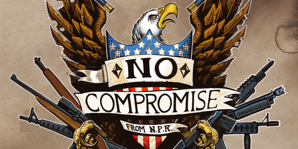 The No Compromise cover art - a heraldic crest filled with eagles and guns.