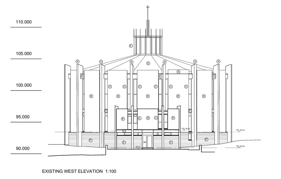 A line drawing of the west elevation of the church, showing cleanly how the sixteen sides lock together with fins and narrow windows at the joints. Above them rises the roof which is toped by a tall lantern with thinner spikes and a central metal cross. Overall the impression is of a crown.