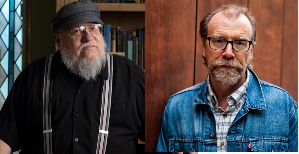 On the left: George R.R. Martin, wearing a dark gray sailor hat, a black shirt and suspenders. On the right: George Saunders, wearing a blue jeans jacket and a check shirt. Both are white guys with beards.