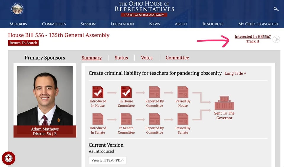 Image of the Ohio House of Representatives webpage with an arrow indicating how one can get the RSS feed updates for any bill of interest.