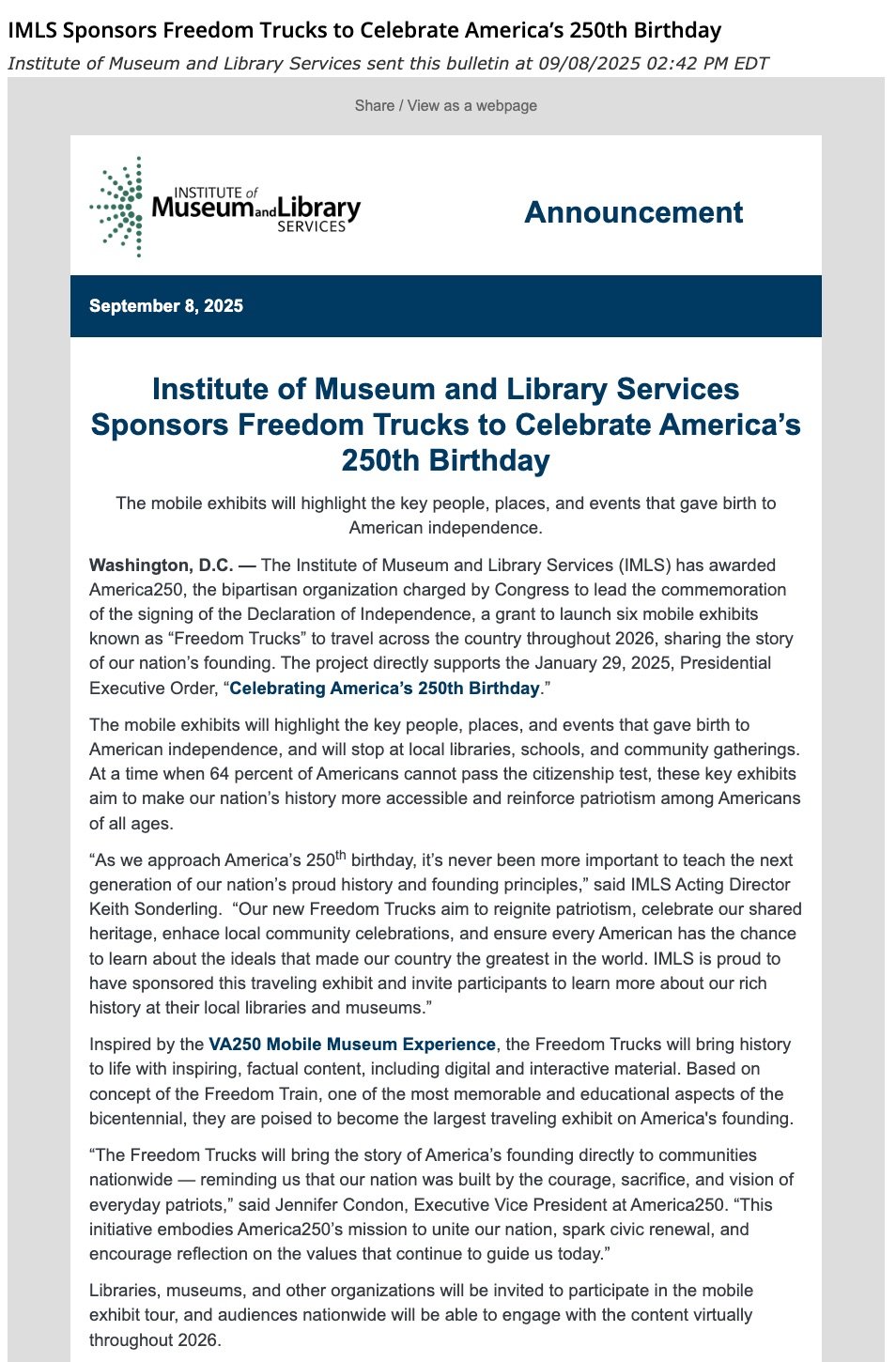 Image of an IMLS press release announcing "Freedom Trucks" being created to celebrate America's 250th birthday.
