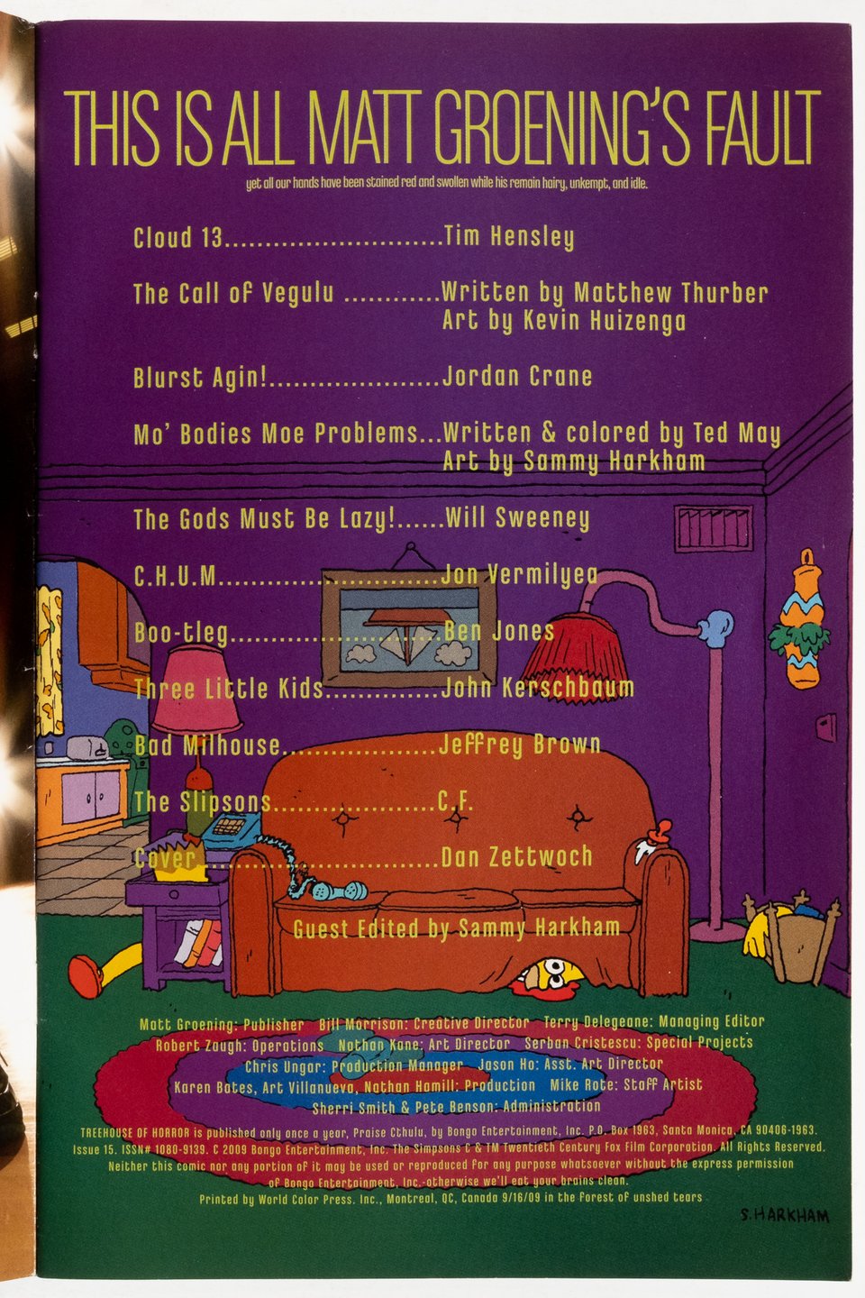 The title page from "Treehouse." The drawing is a couch gag by Sammy Harkham. Overlaid on top in yellow text is the table of contents