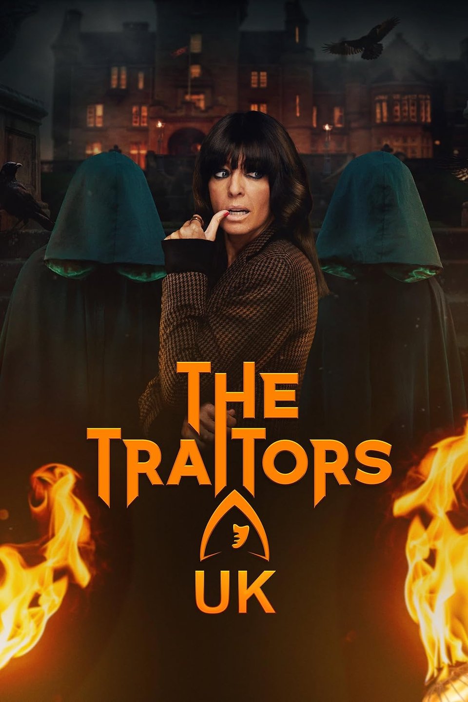 Promotional poster for The Traitors UK showing a woman centered in the frame, biting her finger nervously. Hooded figures stand behind her, with flames rising at the bottom. The title “THE TRAITORS UK” appears in large orange text.