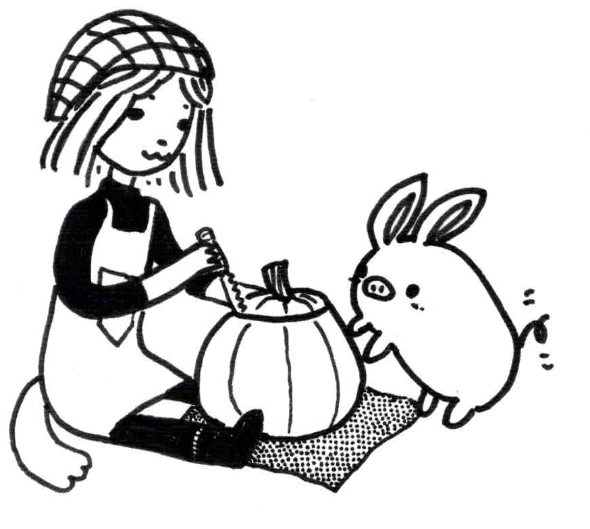 Puppy and Pig carving a pumpkin