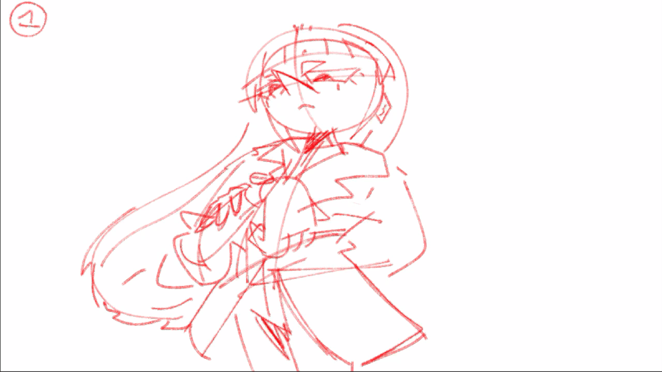 A digital sketch of a puzzle animation's first frame. Raelyn holds her wrist and looks at her watch.