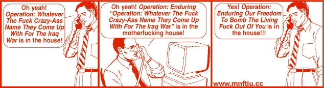 Get Your War On: A three panel comic about Operation Enduring Freedom with red clip art