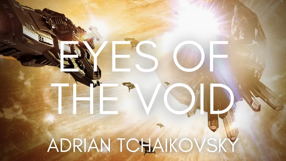 Adrian Tchaikovsky's Eyes of the Void book cover featuring a spaceship and a crystal moon of sorts.