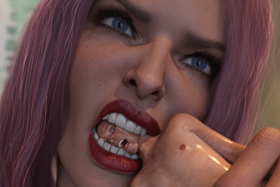 A gigantic woman with cerise hair clamps her jaws down upon the head of a screaming naked man.
