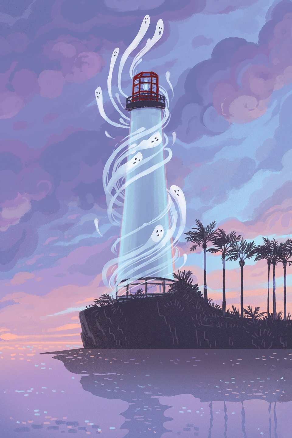 A lovely illustration of a lighthouse on an outcrop against a pastel sky. Ghosts swirl around the building