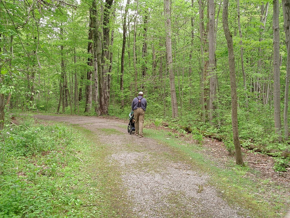 one of emory's friends pushes their baby in his stroller on a gravel path in a local nature preserve