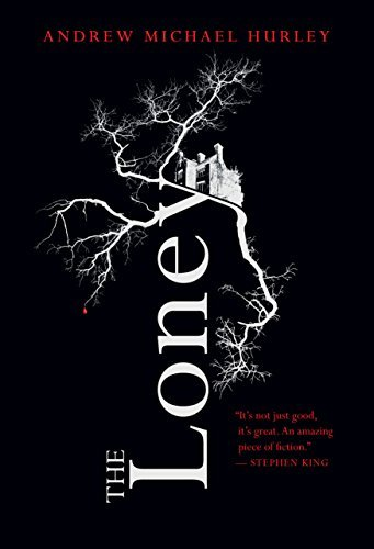 roots or brain synapses snake their way across a black page, in the centre top is a house, the words The Loney in white, run from bottom to top rotated 90 degrees, there is some red blurb, etc