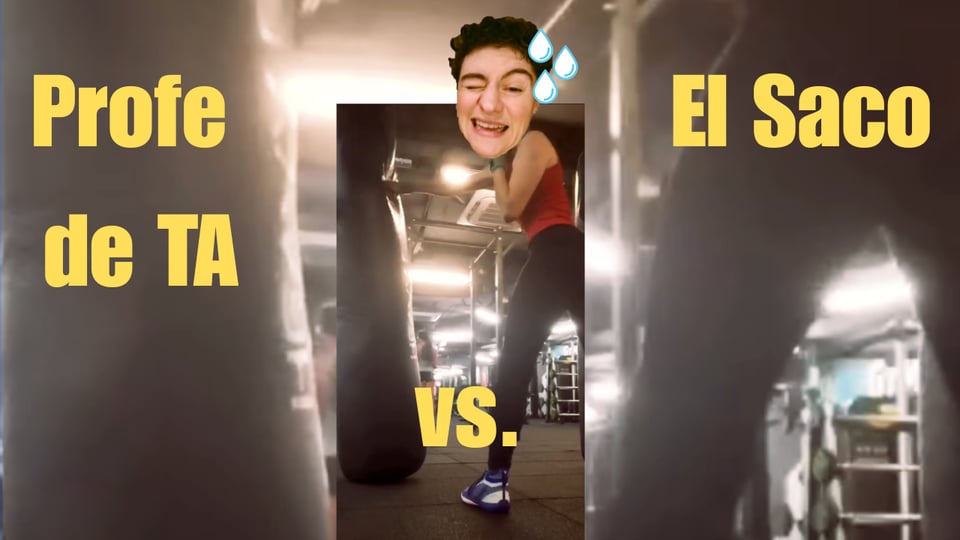 Thumbnail of YouTube video advertised in the mail, showing Céline hitting the heavy bag in a gym, with the following caption: "Profe de TA vs. El Saco" ("AT Teacher vs. The Bag" in Spanish)