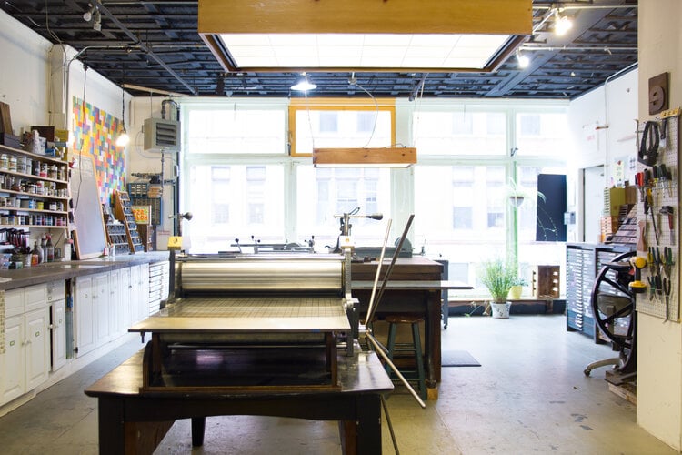 The inside of a printing studio with printing presses