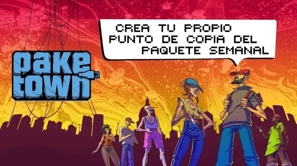 Screenshot from the game "Paketown", a group of stylized folks stand around.