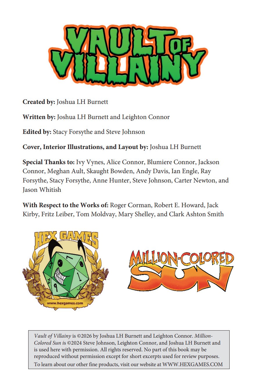 Page 1 of Vault of Villainy. A credits page.