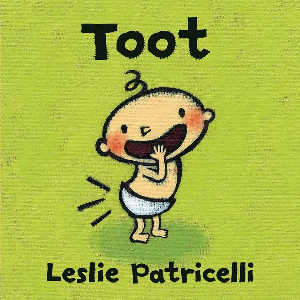 Image: children's book cover, showing a bashful diapered baby letting go a fart. It stands isloated on a green background. Text: Toot, Leslie Patricielli