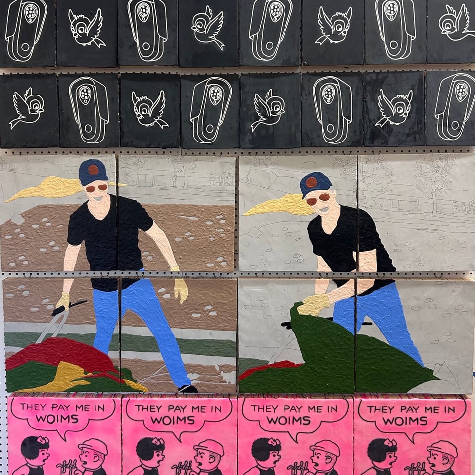 Painting in progress. Very messy. Two main images are Gavin Newsom throwing out an unhoused person's belongings with a smile on his face. There are also some panels with birds and flock cameras, and 4 images from a Nancy cartoon where Sluggo complains about getting paid in WOIMS.