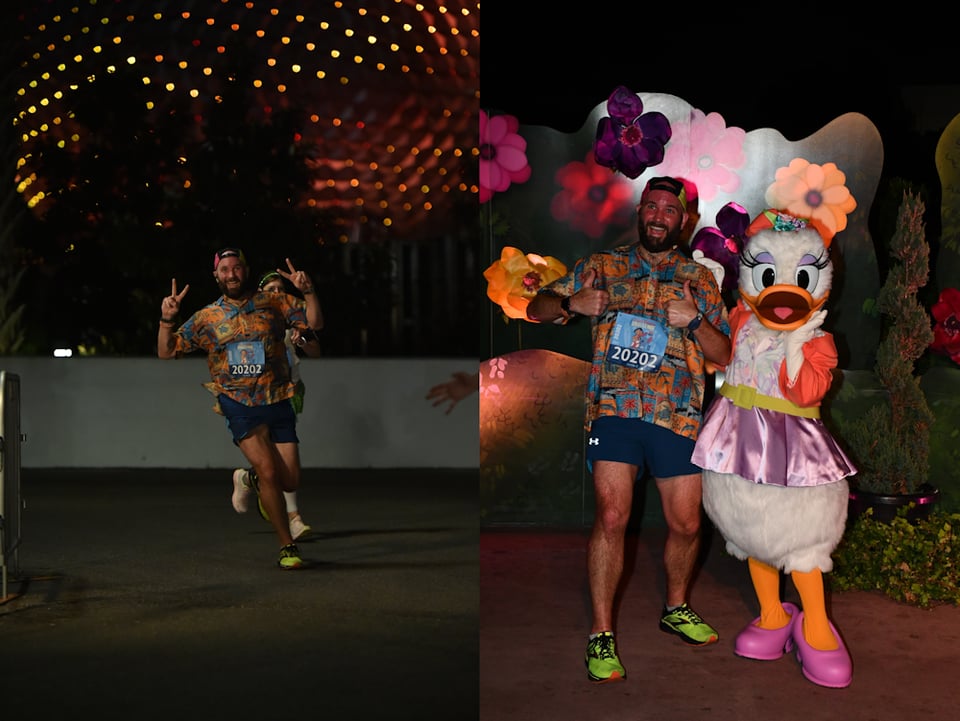 Left: me running with Spaceship Earth in the background; Right: me with Daisy Duck