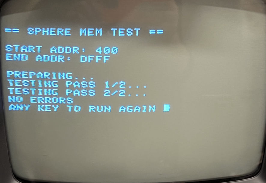 The screen of a Sphere computer, running a memory test