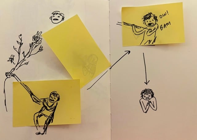 Three sketches of the progress of me cutting a tree branch and busting myself in the chest