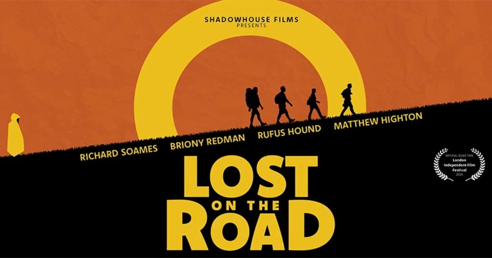 The poster for Lost on the Road - showing four friends walking up a hill.