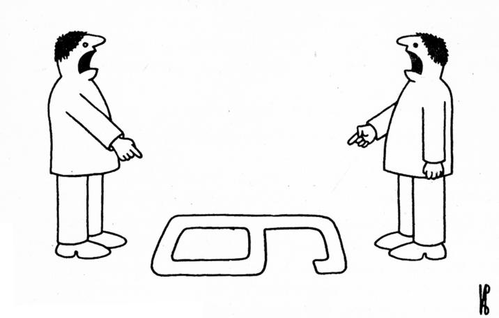 Two people point at a number on the ground and argue if it is a 6 or a 9.