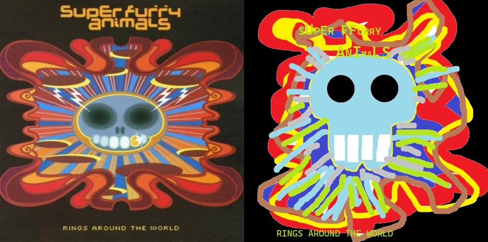 A round cartoonish skull with two black eyes, two black nasal holes and six lozenge-shaped white teeth, one of them gold and sparkling. The skull is in the middle of a sunray burst pattern that's orange, red and blue. Lightning bolts from oval brown clouds strike the skull.