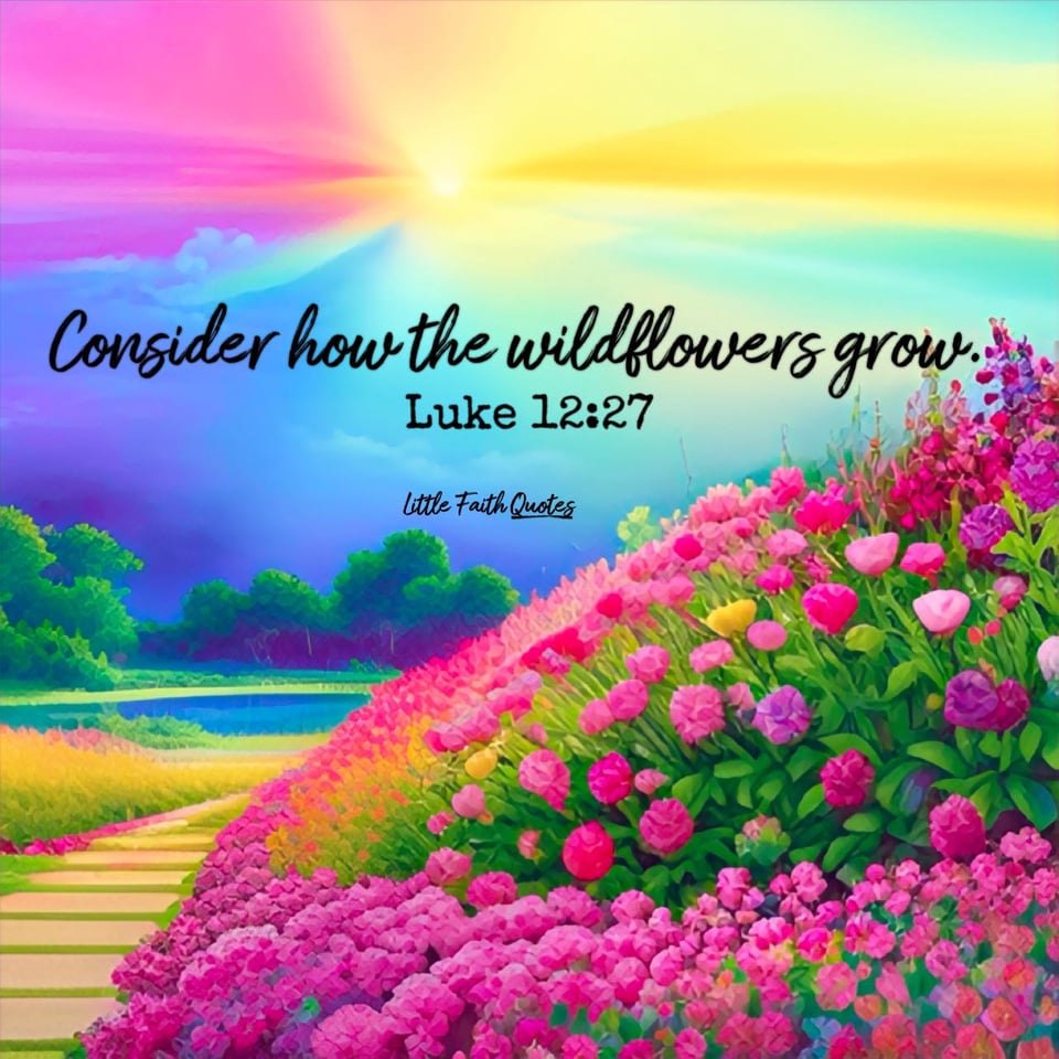 βConsider how the wild flowers grow. They do not labor or spin. Yet I tell you, not even Solomon in all his splendor was dressed like one of these." ~Luke 12:27. The sun sets in a pink, yellow, blue, and teal sky. A bank of pink wildflowers pops in the foreground. Image by: @Little Faith Quotes.