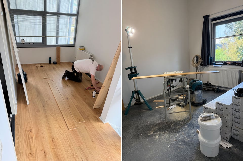 Two photos side by side. The left hand photo shows a man kneeling on the floor installing wooden flooring. The right hand photo shows the staging working area in another room with dark grey flooring that will be covered by the oak panels.