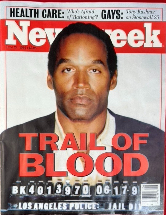 The cover of the June 27, 1994 issue of Newsweek showing O.J. Simpson's mugshot
