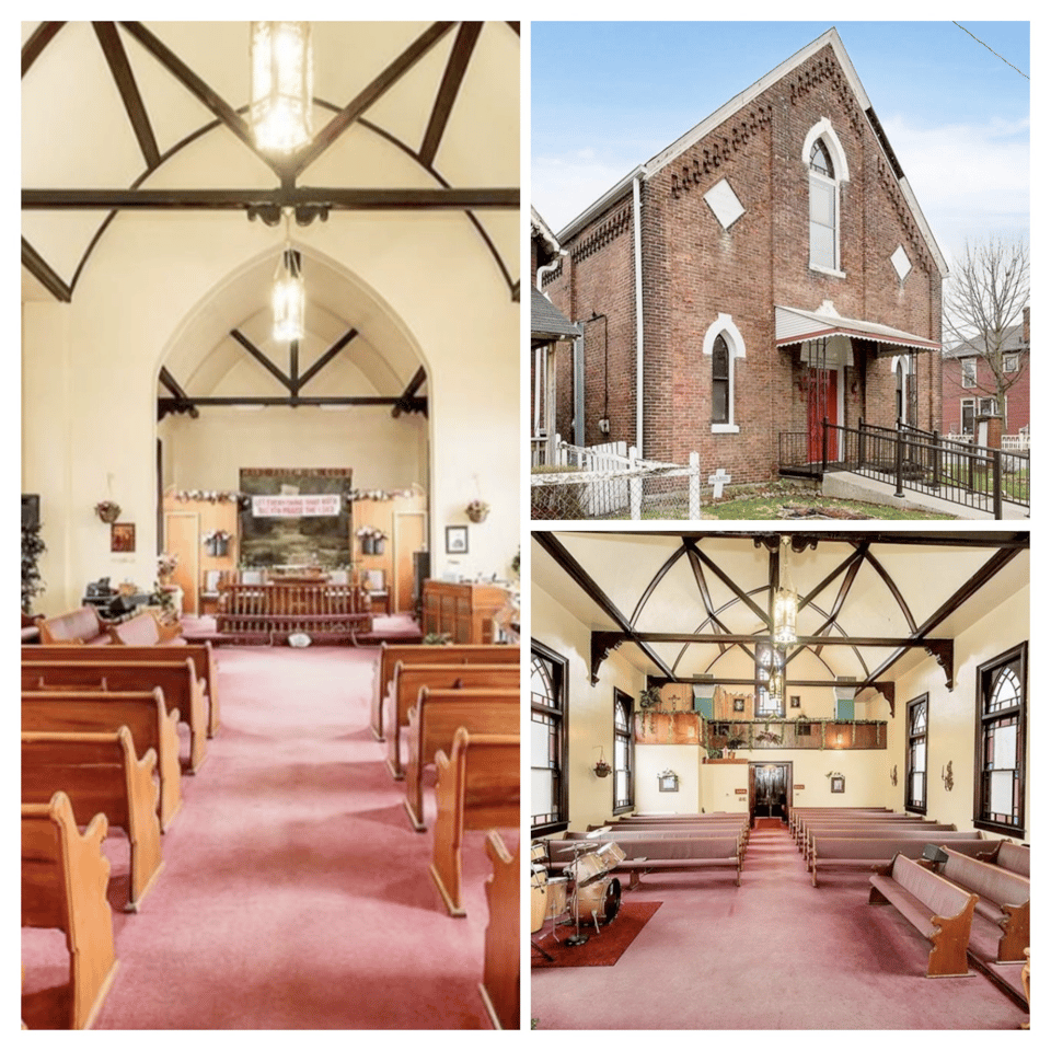 Multiple images of the inside and outside of the church that is to become Lille Bonne