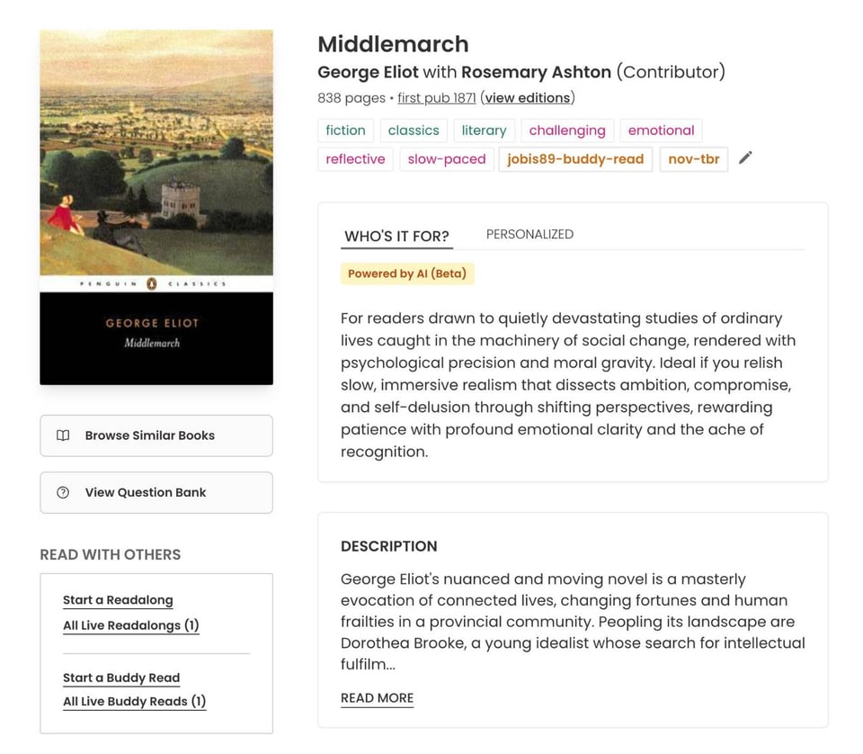 Screenshot of a book detail page for Middlemarch showing two main content sections. The “Read With Others” box is visible beneath the book cover, containing options to start a readalong and view available live readalongs, plus start a buddy read and view active buddy reads.