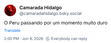 Post de Camarada Hidalgo (‪@camaradahidalgo.bsky.social‬): O Peru passando por um momento muito duro