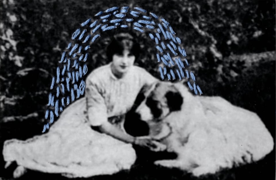 A vintage black and white photo of Lili Boulanger with her dog. The photo has been stitched with blue thread.