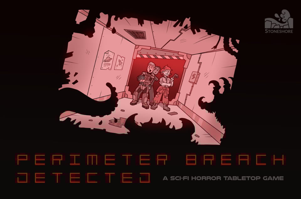 The cover of Perimeter Breach Detected: A sci-fi horror tabletop game from Stoneshore. A silhouette of monsters descend upon a sci-fi corridor, where three survivors fearfully ready themselves with improvised weapons.