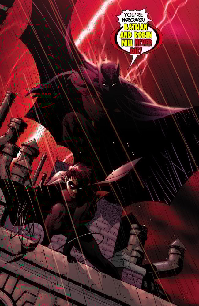 From Tony Daniel, Batman and Robin in silhouette charge towards the reader while Batman yells