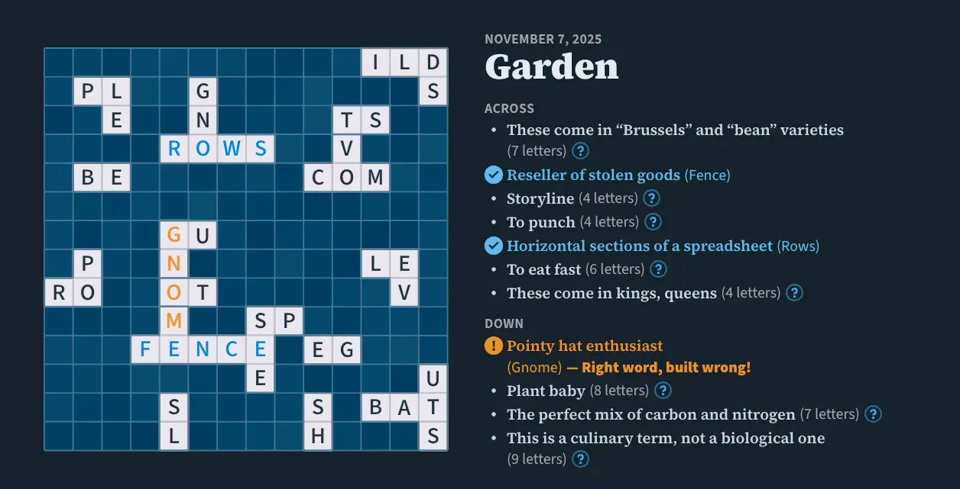Screenshot of a Tiled Words puzzle from November 7th, 2025. The theme is Garden and it's partially solved.