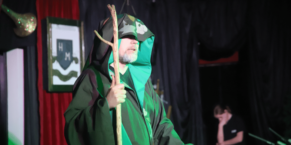 Chris dressed as his Improvathon character, Tim Bimblebum - with a wonderful leaf embroidered robe.