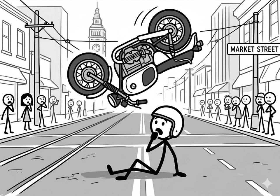 drawing of motorcycle falling on person.